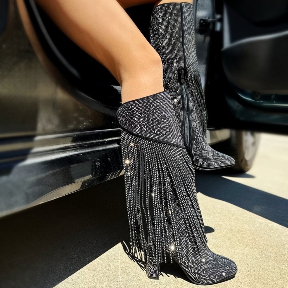Jessica Simpson Black Fringe Heeled Boots